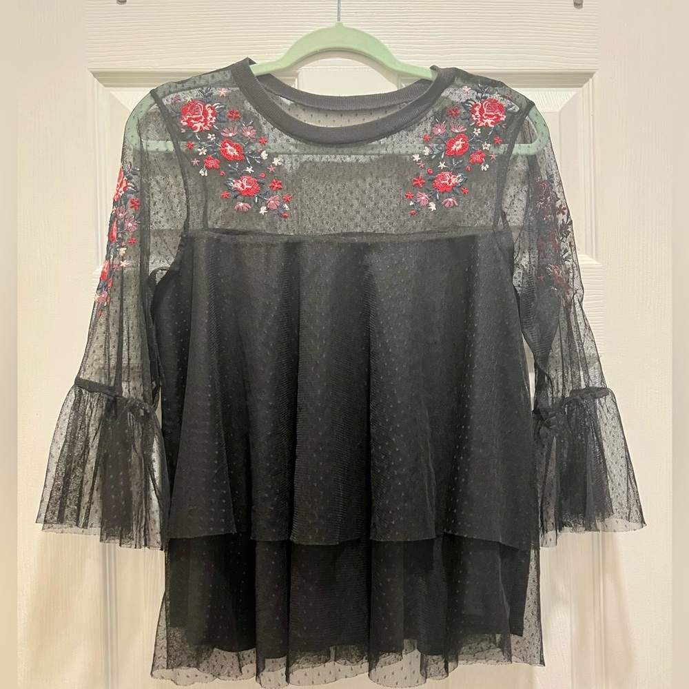Francesca’s Blue Rain Black Floral Embroidered Top